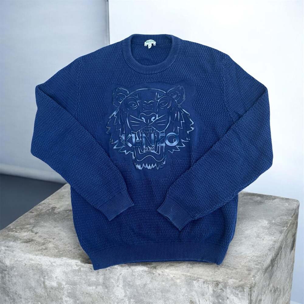 Kenzo Paris Men's Navy Blue Tiger Embossed Cotton Knit Crew Neck Sweater